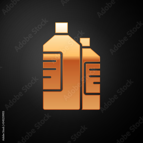 Gold Plastic bottles for laundry detergent, bleach, dishwashing liquid or another cleaning agent icon isolated on black background.  Vector Illustration