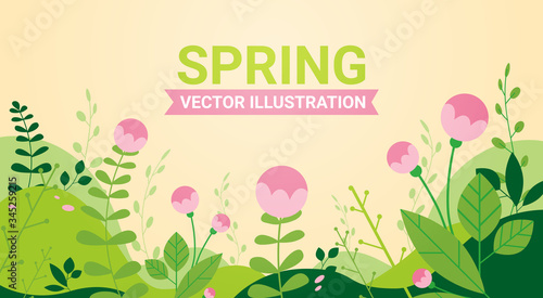 beautiful landscape with flowers and leaves floral spring poster horizontal greeting card vector illustration