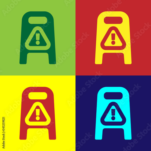 Pop art Wet floor and cleaning in progress icon isolated on color background. Cleaning service concept.  Vector Illustration