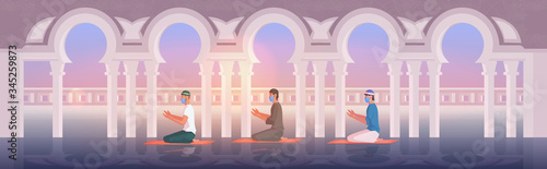 religious muslim men in masks praying ramadan kareem holy month religion coronavirus pandemic quarantine concept nabawi mosque building intrior full length horizontal vector illustration