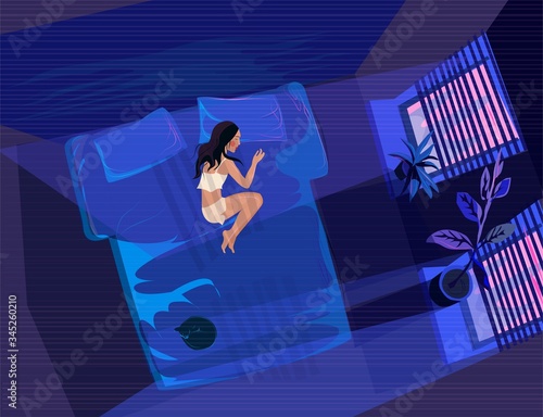 the girl is lying on the bed alone, she is lonely. Vector illustration.