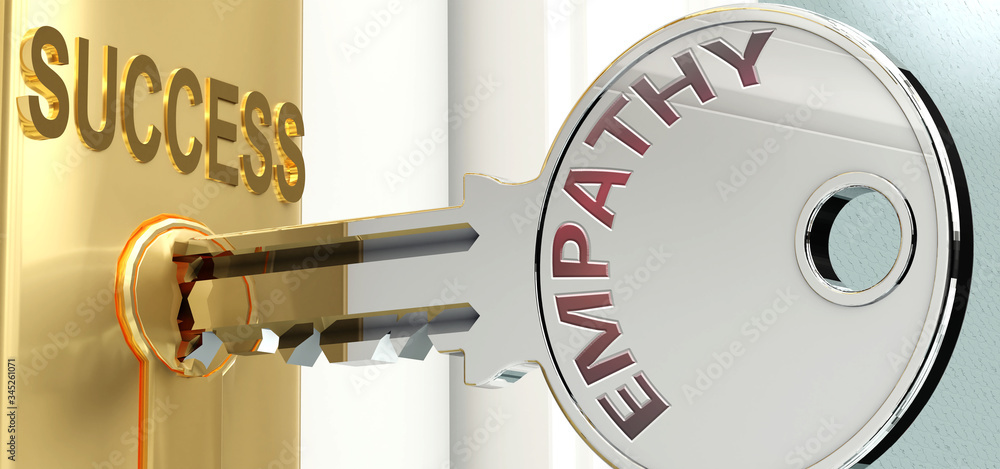 Empathy and success - pictured as word Empathy on a key, to symbolize that Empathy helps achieving success and prosperity in life and business, 3d illustration - obrazy, fototapety, plakaty 