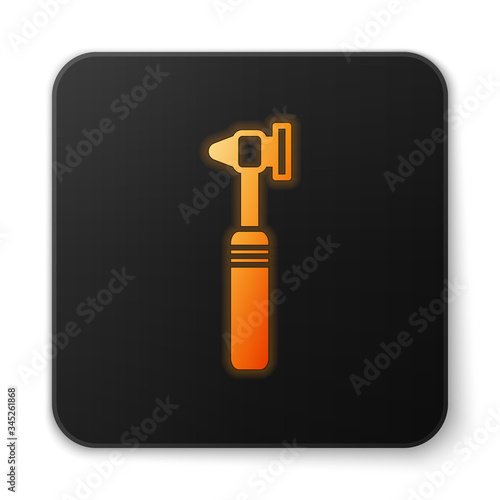 Orange glowing neon Medical otoscope tool icon isolated on white background. Medical instrument. Black square button. Vector Illustration