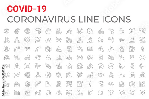 Coronavirus COVID-19 pandemic respiratory pneumonia disease related vector icons set line style. Included icons symptoms, transmission, prevention, treatment, virus, contagious, infection 2019-nCoV