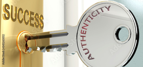 Authenticity and success - pictured as word Authenticity on a key, to symbolize that Authenticity helps achieving success and prosperity in life and business, 3d illustration