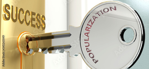Popularization and success - pictured as word Popularization on a key, to symbolize that Popularization helps achieving success and prosperity in life and business, 3d illustration