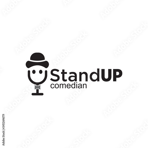 Stand up comedian logo design with using hat, microphone and bow tie icon