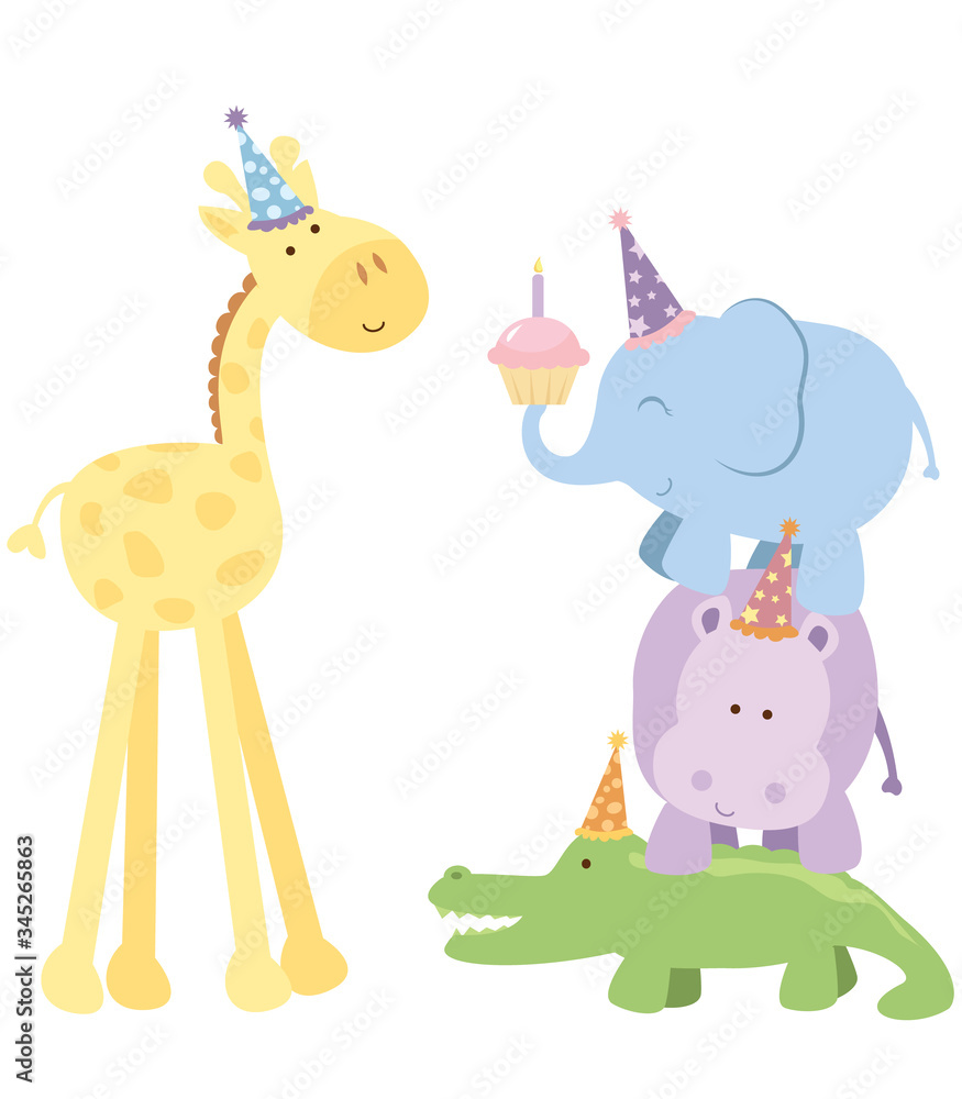 A vector illustration of a cute giraffe wearing a birthday party hat being given a cupcake by a tower of other safari animals: an elephant, hippo and crocodile A vector illustration of a cute giraffe wearing a birthday party hat being given a cupcake by a tower of other safari animals: an elephant, hippo and crocodile