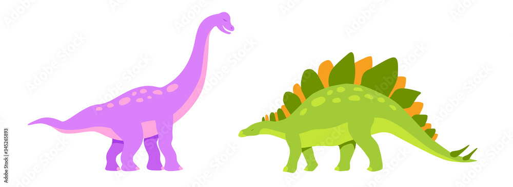 Fototapeta premium Cartoon dinosaur set. Cute dinosaurs icon collection. Colored predators and herbivores. Flat vector illustration isolated on white background.