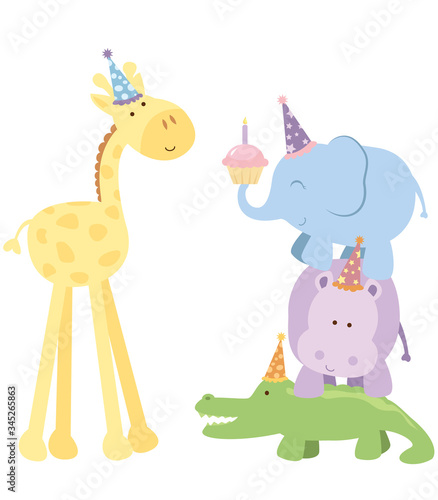 A vector illustration of a cute giraffe wearing a birthday party hat being given a cupcake by a tower of other safari animals  an elephant  hippo and crocodile