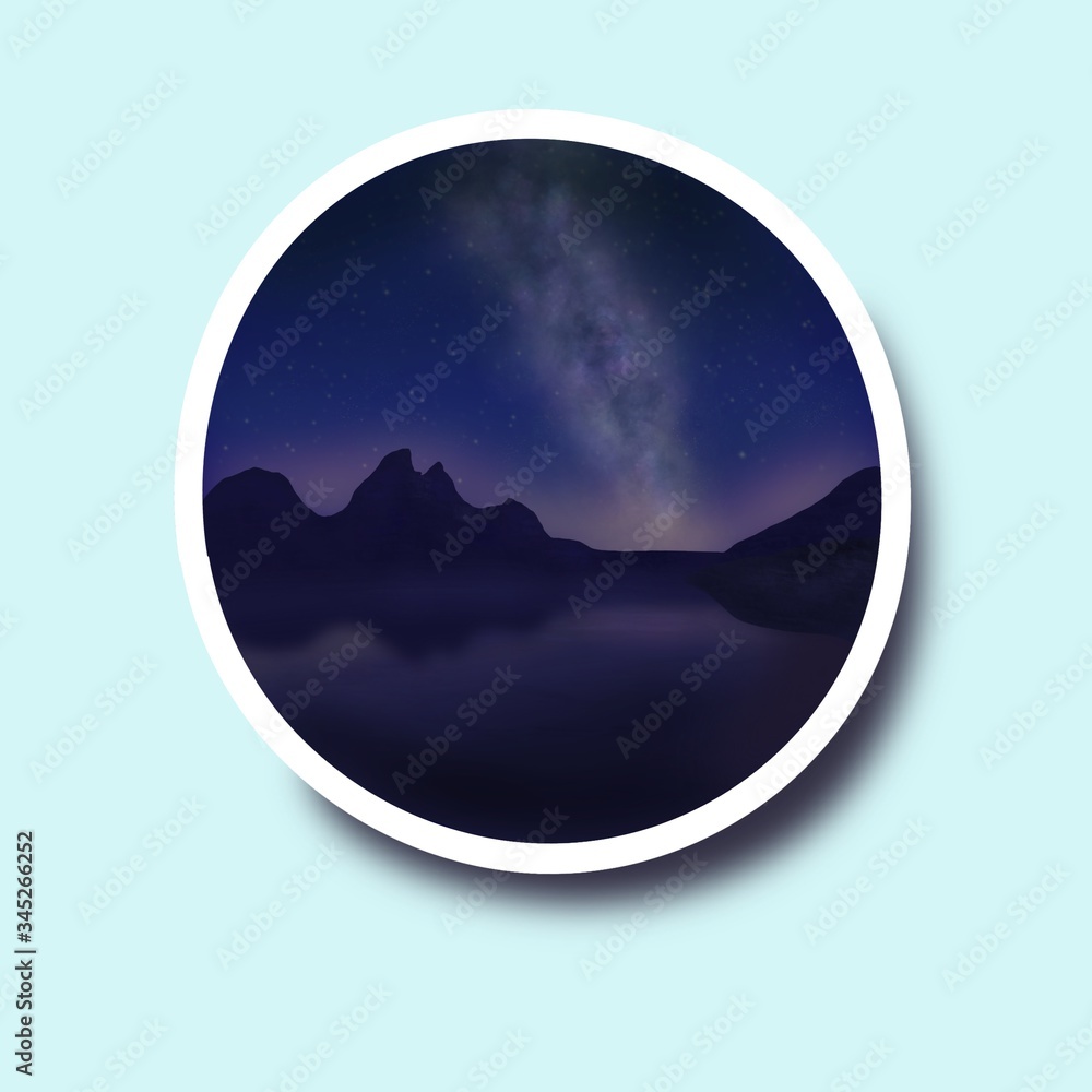 Sticker with night scenery: river and mountains