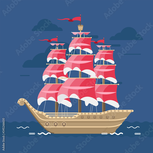 Frigate with scarlet sails, vector illustration. Vintage ship with sails. Sailing ship illustration. The Navy flat design