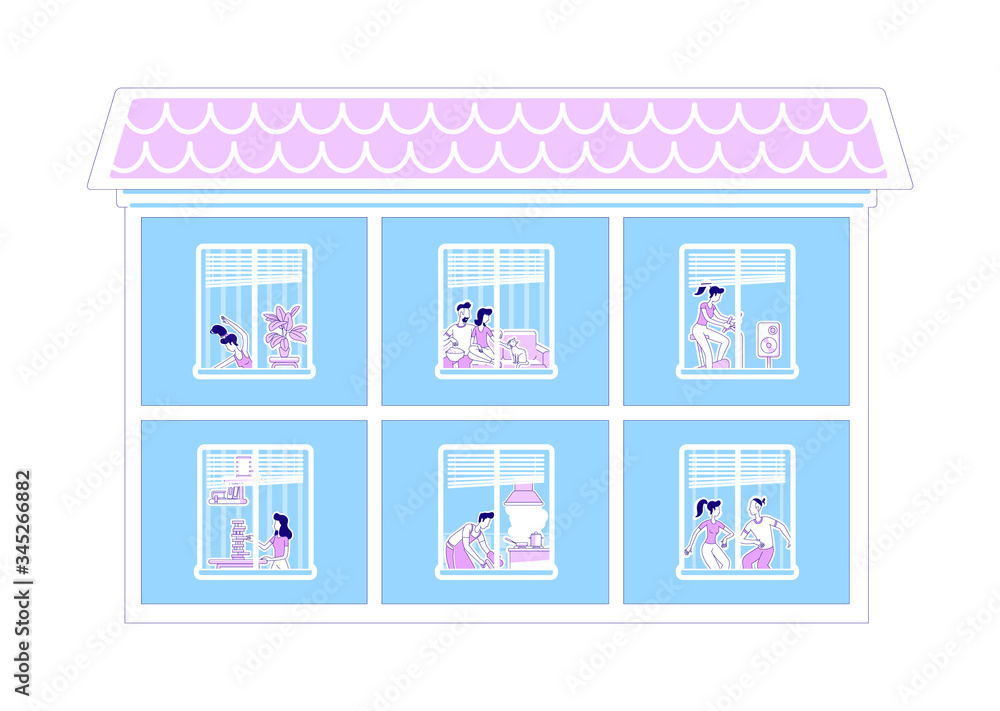 House windows flat silhouette vector illustration. Woman play board game. Man learn to cook. Home staying outline characters on blue background. Weekend recreation simple style drawing House windows flat silhouette vector illustration. Woman play board game. Man learn to cook. Home staying outline characters on blue background. Weekend recreation simple style drawing
