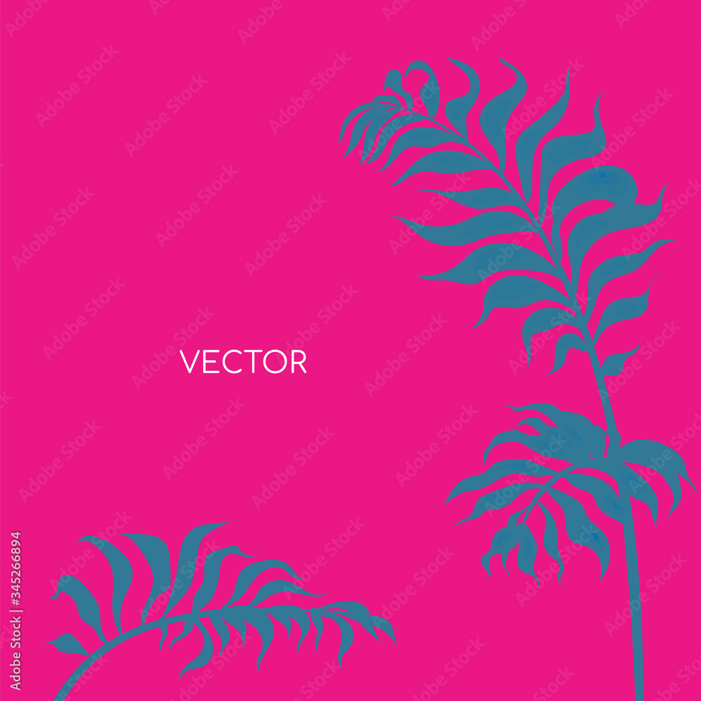 Botanical branch flat color vector background. Grey fern twig on vibrant pink backdrop. Floral leaves. Tropical summer vacation social media post mock up. Exotic resort web banner template