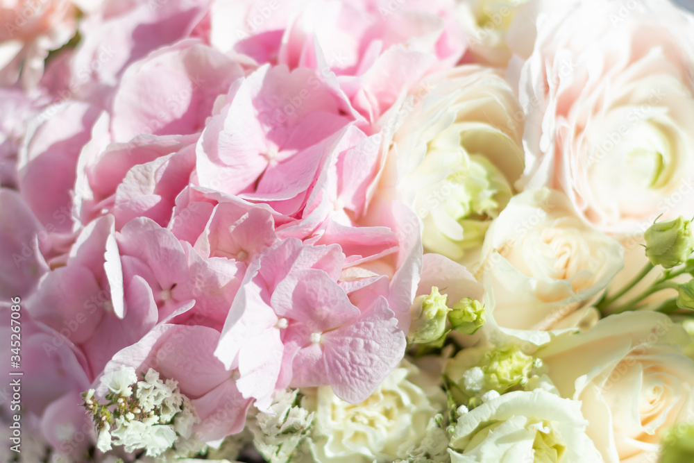 Delicate floral background. Hydrangea, Lisianthus and carnations. Selective focus.