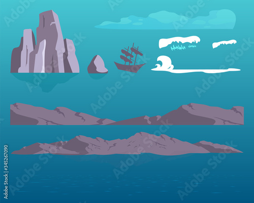 Sea rocks cartoon vector objects set. Seascape constructor. Marine mountains and ocean flat color illustrations collection. Water, waves and ship isolated pack on white background