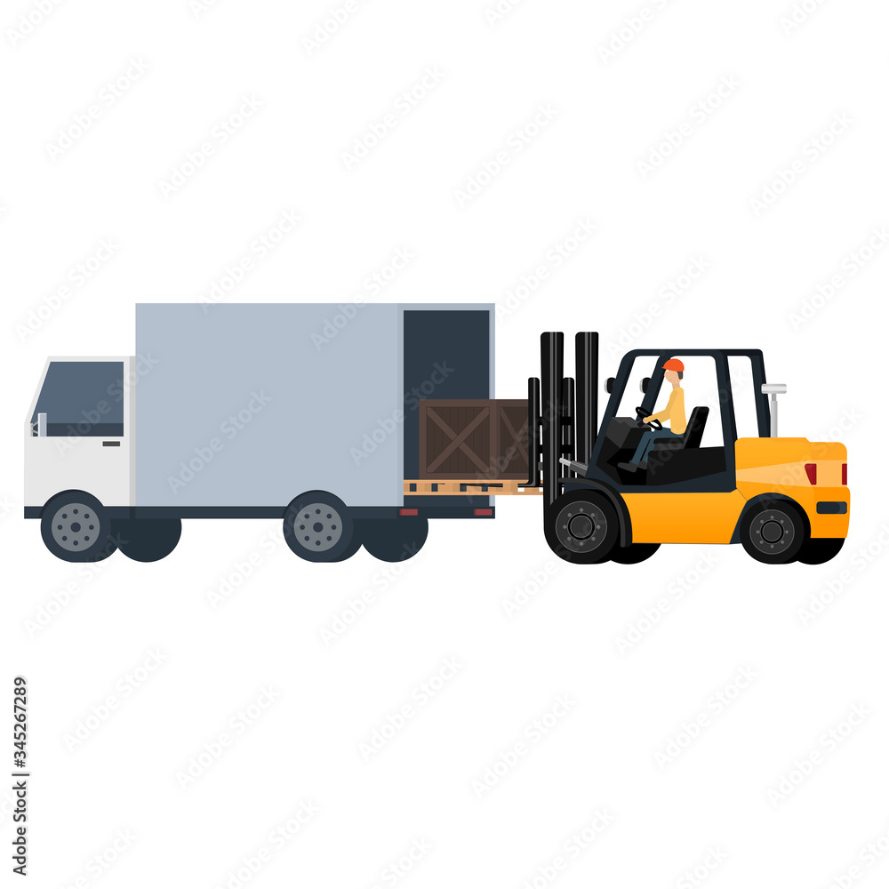 Forklift truck. Forklift, loads the pallet into the truck. Transportation, vector illustration