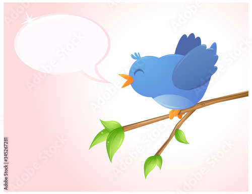 A vector illustration of a cute happy blue bird sitting on a branch tweeting an empty conversation bubble on a pink background