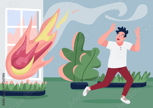 House fire flat color vector illustration. Man running from fire in panic 2D cartoon character with burning home on background. Emergency accident, property destruction. Stressful situation, disaster