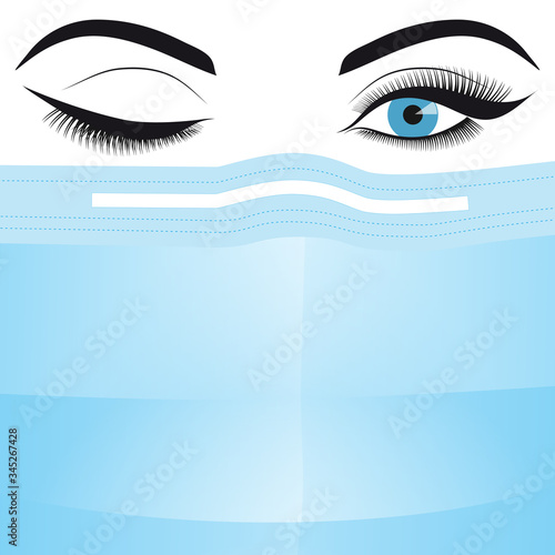 Affiche graphique d’une femme de face cadrée en gros plan avec un masque chirurgical pour se protéger du covid-19.