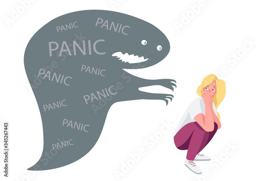 Woman with panic attack flat concept vector illustration. Young lady haunted by monster 2D cartoon character for web design. Frightened girl with mental disorder. Schizophrenia, anxiety creative idea