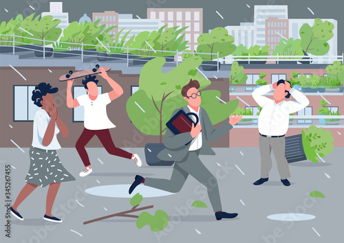 Rainstorm flat color vector illustration. Stressed people running from rainfall 2D cartoon characters with cityscape on background. Stressful situation, mass hysteria. Bad weather, natural disaster