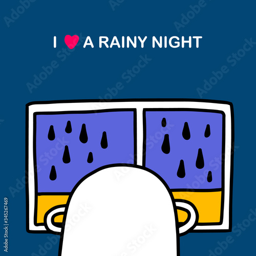 I love rainy night hand drawn vector illustration in cartoon comic style man looks outside