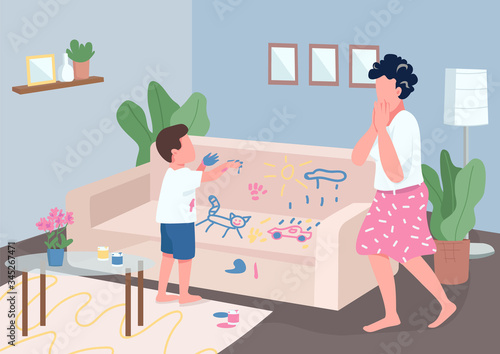 Child mischief flat color vector illustration. Stressed mother and naughty little son 2D cartoon characters with dirty room on background. Stressful situation, panic. Parenthood problem, bad behaviour
