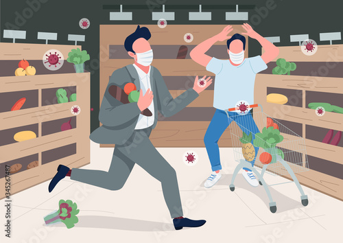 Panicking store customers flat color vector illustration. Shoppers in surgical masks 2D cartoon characters with empty shelves on background. Mass hysteria, covid pandemic. Products shortage, deficit