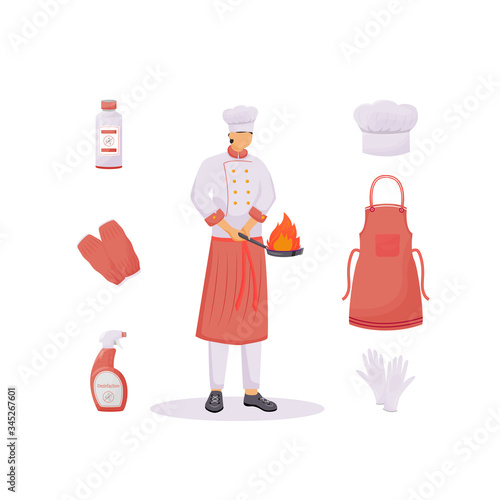 Kitchen clothes flat concept vector illustration. Hat and apron, sleeve protectors and gloves. Cook 2D cartoon character for web design. Healthcare, cleanliness and disinfection creative idea
