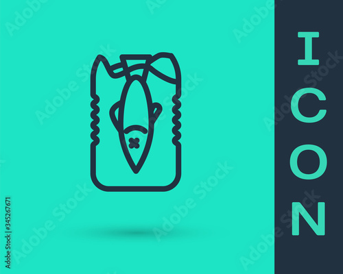 Black line Stop ocean plastic pollution icon isolated on green background. Environment protection concept. Fish say no to plastic.  Vector Illustration