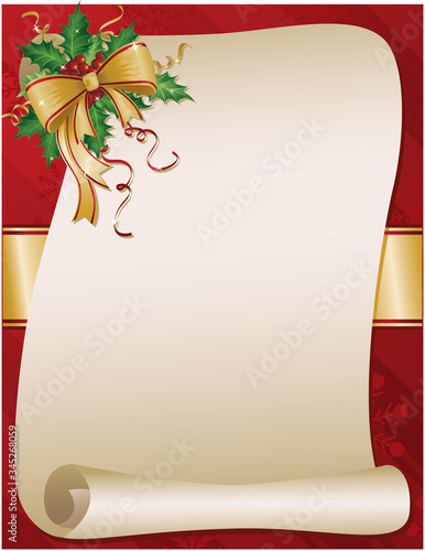 A vector illustration of a blank holiday paper scroll on a background of red wrapping paper and gold ribbon with a bunch of holly in the corner with a bow