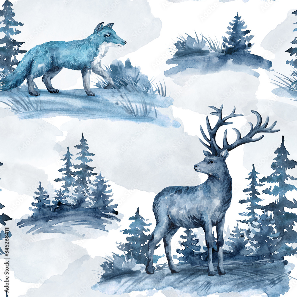Watercolor seamless pattern with deer, fox, landscape. Witer wildlife nature elements, animals, trees for children's textile, wallpaper, covers