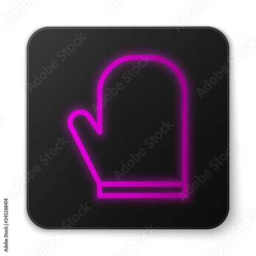 Glowing neon line Oven glove icon isolated on white background. Kitchen potholder sign. Cooking glove. Black square button. Vector Illustration