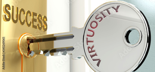 Virtuosity and success - pictured as word Virtuosity on a key, to symbolize that Virtuosity helps achieving success and prosperity in life and business, 3d illustration photo