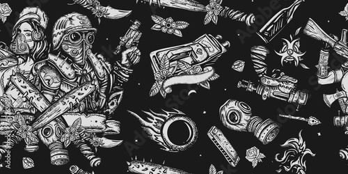 Post apocalypse pattern. Soldier woman in gas mask. Post apocalyptic man warrior. Doomsday girl and gun. People and weapon of dark future. Survival seamless background