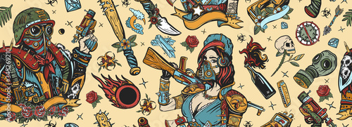 Post apocalypse seamless pattern. People, weapon of dark future. Nuclear war background. Old school tattoo style. Doomsday girl and gun, end of world. Post apocalyptic man warrior, soldier woman
