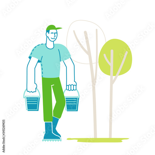 Male Gardener Character Carry Buckets for Watering Trees and Bushes in Garden. Man in Boots Gardening Nature Outdoor for Landscape Design. Plant Growing Hobby, Yard Works. Linear Vector Illustration