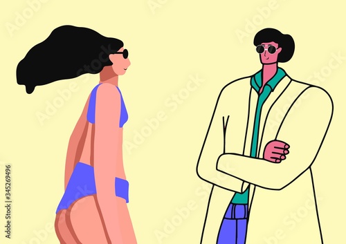 Man and woman are talking. Easy flirt love. Young business man in a suit and glasses. Flat cartoon style. Vector illustration.