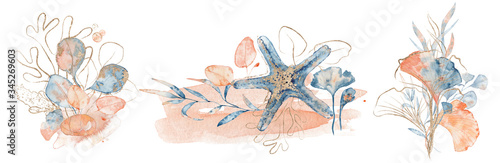 Fotografering Watercolor underwater floral bouquet with corals and starfish, hand drawn illust