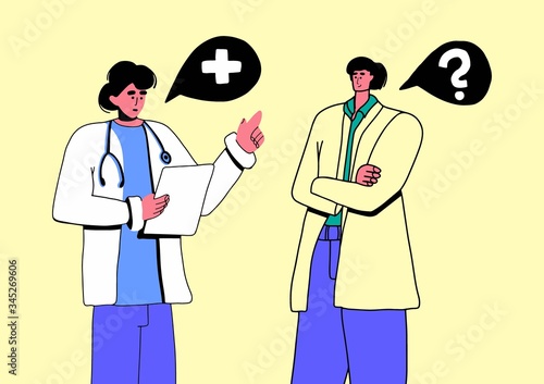 Conversation of two adults. Senior Patients Man. Waiting Doctor appointment for health care. Cartoon Flat Vector Illustration. Line Art Style.