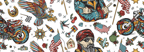 Bikers pattern. Bearded biker man and motorcycle. American riders. Patriotic eagle, flags, maps. Racing sport art, spark plugs, motor. Lifestyle of racers. Traditional tattooing background