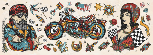 Bikers. Old school tattoo collection. Bearded biker man  burning motorcycle  rider sport woman. Pin up girl  spark plug  moto bike elements. Lifestyle of racers. Traditional tattooing style