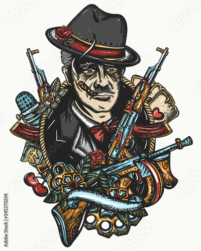 Criminal mafia boss portrait. Gangster leader. Old noir detective movie  art. Retro romantic film person. Tattoo and t-shirt design. Crime man  smokes cigar, weapons, playing cards Stock Vector | Adobe Stock