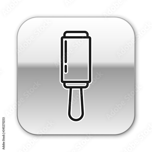 Black line Adhesive roller for cleaning clothes icon isolated on white background. Getting rid of debris, dust, hair, fluff, pet wool. Silver square button. Vector Illustration