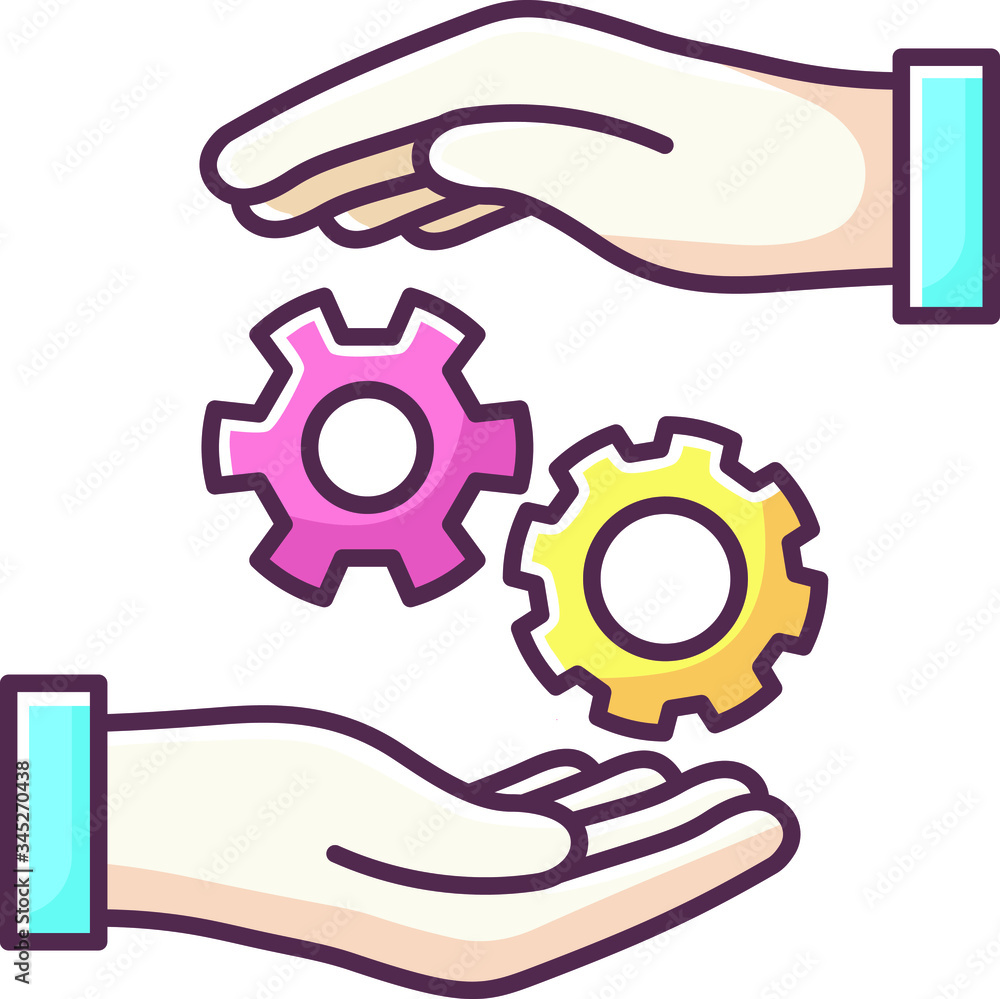 Color icon, mechanism, two hands with two gears Color icon, mechanism, two hands with two gears