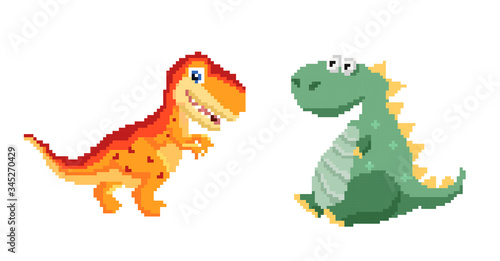 Cute pixel dinosaur isolated on white background  green animal  pixel predator  vector illustration with tyrannosaur  digital imaging with pixel icon