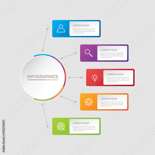 Business data visualization, infographic template with 5 steps on gray background, vector illustration