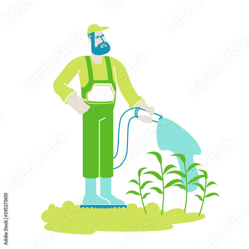 Organic Gardening Hobby or Seasonal Work Concept. Gardener or Farmer Male Character Working in Garden Watering Flowers and Plants with Hose. Young Man in House Yard. Linear Vector Illustration