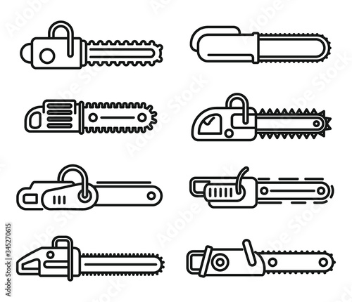 Modern chainsaw icons set. Outline set of modern chainsaw vector icons for web design isolated on white background